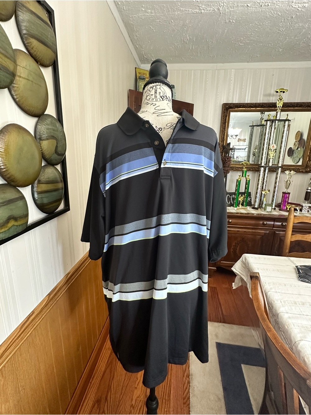 Pebble Beach Black Polo with Blue and Gray Stripes